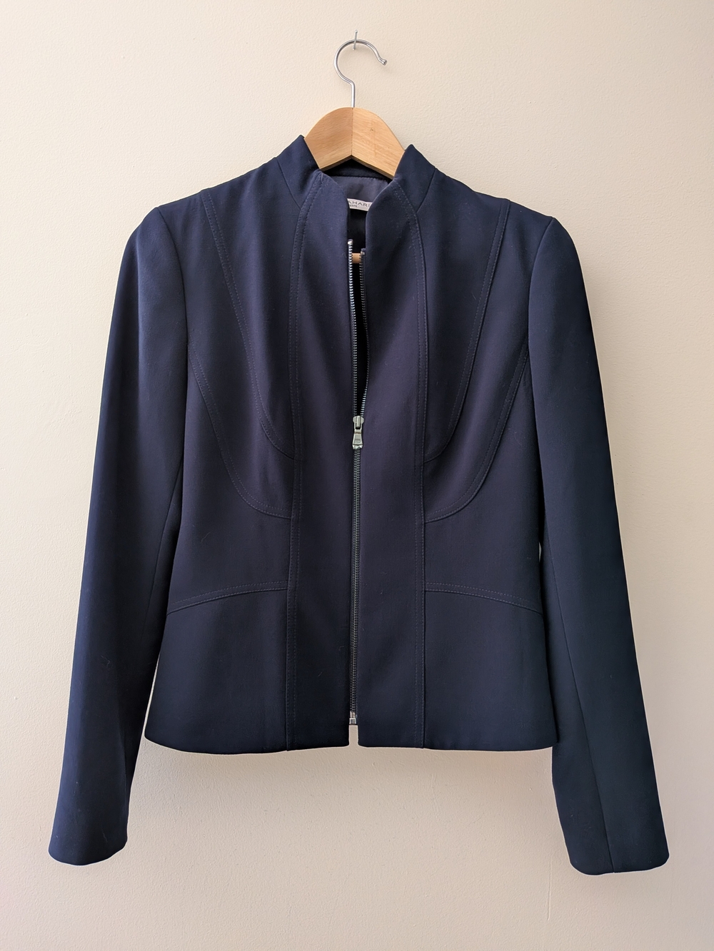 Tahari Navy Structured Zip-Front Blazer
